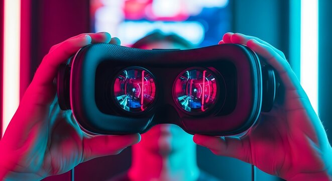 Person holding a virtual reality headset up to the camera, illuminated by vibrant pink and blue neon lights in a dark setting Background image - Powered by Adobe