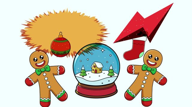 Snow Globe and Gingerbread Man Christmas Cookie geometric shaped elements with risograph effect professional animation video