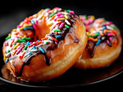 Delicious donuts with chocolate drizzle and colorful sprinkles on a black plate.
