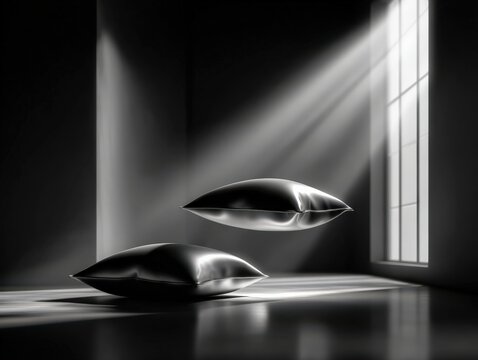 Two monochrome pillows floating in a minimalist room, bathed in sunlight.