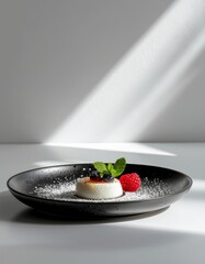 Creamy panna cotta dessert with berries and mint leaf dusted with powdered sugar on a black plate