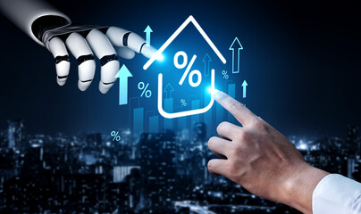 A dynamic image showcasing the collaboration between human and robot in technology finance,...