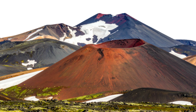 Volcanic landscape featuring a red-brown crater, snow, and distant mountains under a cloudy sky