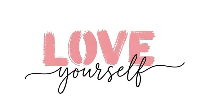 Inspirational text art featuring the phrase love yourself in pink brush strokes and elegant script isolated on whiteBackground image