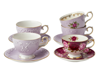 four vintage pale lavender porcelain teacups featuring detailed gold gilding and rose motifs, studio shot on transparent background. concept of english afternoon tea tradition