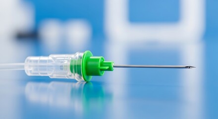 Closeup of a green hub intravenous iv catheter needle assembly resting on a reflective blue surface in a medical setting Background image