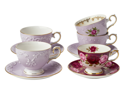 four vintage pale lavender porcelain teacups featuring detailed gold gilding and rose motifs, studio shot on transparent background. concept of english afternoon tea tradition