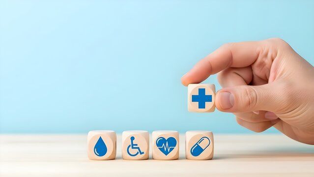 Hand placing a wooden block with a blue cross icon above other blocks with health-related symbols on a light blue background.