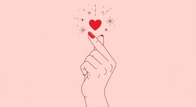 Minimalist line art illustration of a hand making the korean finger heart gesture with a sparkling red heart above it against a pale pinkBackground image