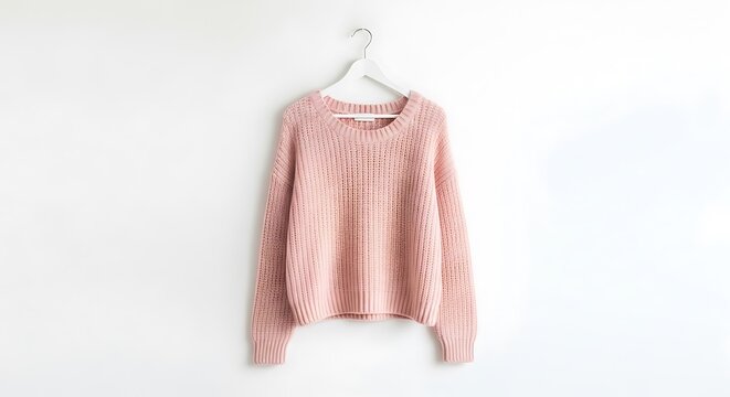 A cozy, looseknit, dusty pink sweater with an open weave pattern hanging on a white hanger against a white wall Background image