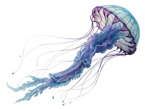 Graceful illustration of blue and purple jellyfish swimming. This ethereal aquatic animal from deep ocean shows sense of calm - Powered by Adobe