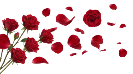 Isolated Red Roses and Petals PNG Transparent Image for Valentine's Day Designs.