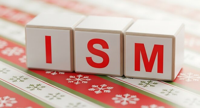 Three white wooden blocks spelling out the word ism resting on a festive red and white striped ribbon with snowflake patterns Background image