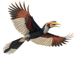 Obraz premium Majestic hornbill bird flying with power. An illustration of wildlife with large brown and white feather spread on isolated background
