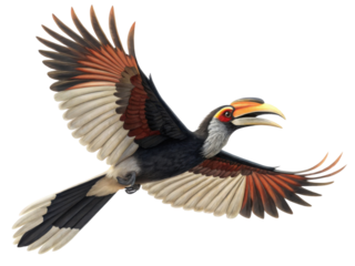 Majestic hornbill bird flying with power. An illustration of wildlife with large brown and white feather spread on isolated background