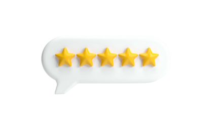 Rendered white speech bubble with five gold stars on a black background, rating service