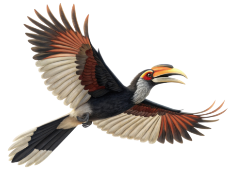 Majestic hornbill bird flying with power. An illustration of wildlife with large brown and white feather spread on isolated background - Powered by Adobe