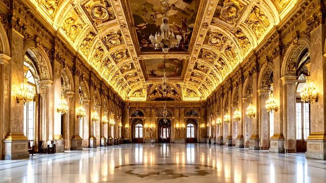 Grand Ballroom Opulent Gold Ornate Decor High Ceiling Marble Floor Chandeliers Natural Light Reflecting