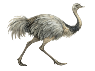 Graceful illustration of large gray flightless rhea bird walking. This wild animal from nature shown in detailed drawing