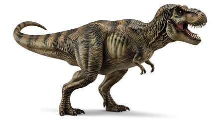 Fototapeta premium A detailed depiction of a tyrannosaurus rex dinosaur standing with its mouth slightly open, isolated on whiteBackground image