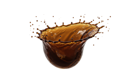 high-speed macro shot of rich dark espresso liquid splash, forming a circular vortex and frozen droplets, dramatically rim-lit on transparent background, copy space. Concept for premium beverage