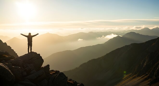 Silhouette of a hiker with arms outstretched standing atop a rocky peak against a bright sunrise over misty mountains Background image - Powered by Adobe