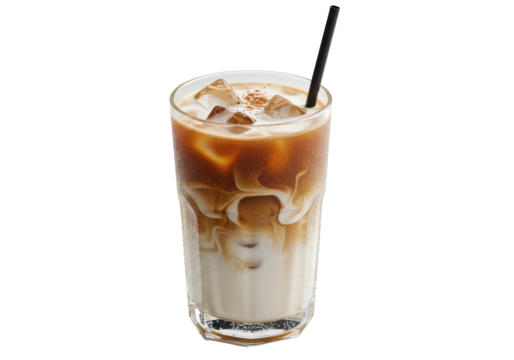 Hyper-detailed macro product shot of iced chai latte layers in a faceted crystal glass, condensation, and black straw on high-key white. Concept for premium beverage advertising