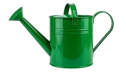 A vibrant green metal watering can with a curved spout, handle, and a rose