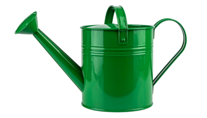 A vibrant green metal watering can with a curved spout, handle, and a rose