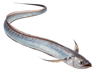 Fresh raw cutlassfish, hairtail fish with long silver body. This aquatic seafood animal ingredient isolated on transparent background