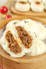 Traditional Chinese Steamed Buns with Beef Filling in Bamboo Steamers - Authentic Asian Dim Sum Breakfast