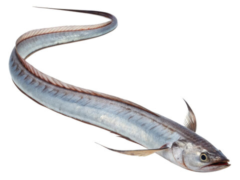 Fresh raw cutlassfish, hairtail fish with long silver body. This aquatic seafood animal ingredient isolated on transparent background