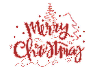 Merry Christmas Red Script Lettering on Black Background with Festive Tree and Star Decorations, Holiday Season Greeting Card Design Element