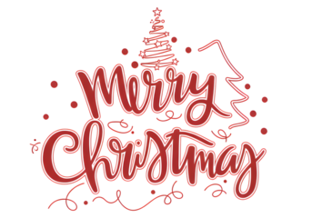 Merry Christmas Red Script Lettering on Black Background with Festive Tree and Star Decorations, Holiday Season Greeting Card Design Element