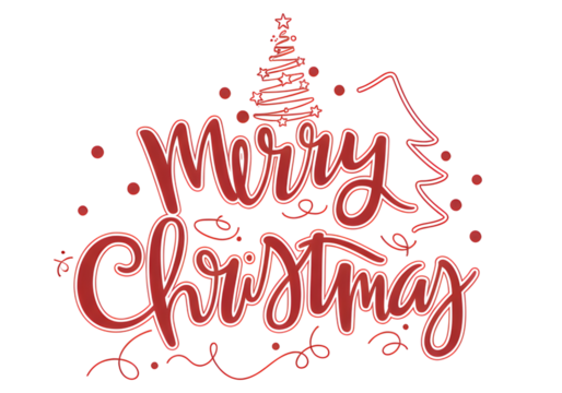 Merry Christmas Red Script Lettering on Black Background with Festive Tree and Star Decorations, Holiday Season Greeting Card Design Element