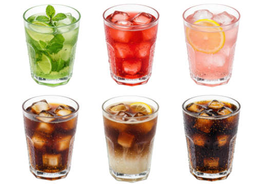 six crystalline, frosted glasses containing diverse colorful cold beverages (cola, mojito, iced coffee) flat lay on a stark white studio background, concept for refreshing summer advertising