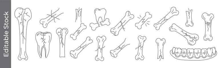 Bone fracture, crack, broken and dental line icon set – editable outline symbols of fracture, tooth, skeleton, and injury