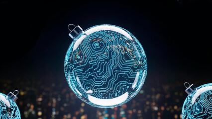Futuristic Christmas ornament as a glowing tree ball with circuit board pattern. Symbol of technology and innovation for modern holiday decoration, digital festive concept with copy space