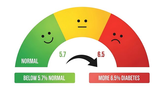A visual representation of the a1c blood test result ranges indicating normal, prediabetes, and diabetes status using a colored arc chart Background image