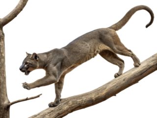 Focused wild puma, predatory cougar or mountain lion, walking on tree branch. stealthy, powerful cat animal isolated for design