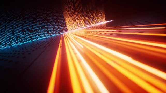 Flowing neon lines with binary data background, 3d rendering 4k