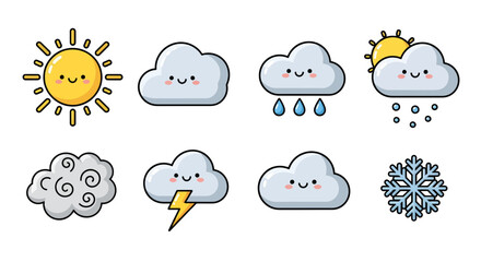 Obraz premium Adorable weather icons illustration capturing sunny, rainy, stormy, and snowy conditions