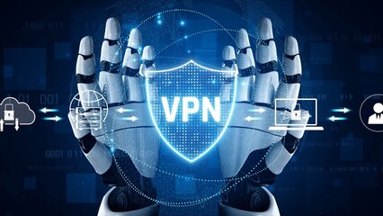 Fototapeta premium AI improves VPN by monitoring traffic, detecting risks, encrypting sessions, and optimizing routing to ensure private, secure, and efficient network access. Marrow