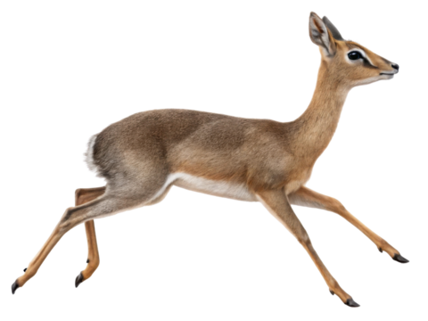 Graceful dik dik antelope running. Tiny wild animal from Africa isolated. Beautiful mammal of african savanna in an alert motion