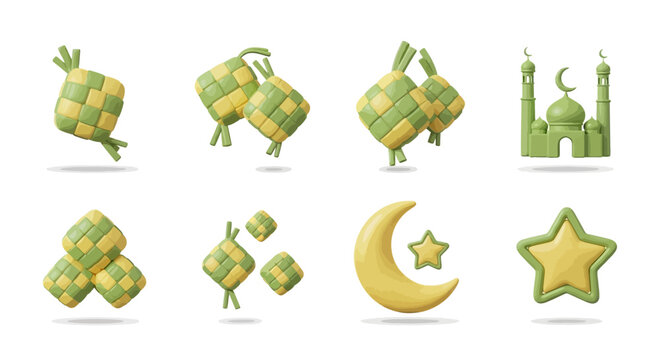 Delightful 3D collection featuring festive ketupat, mosque, and crescent moon symbols, perfect for celebrating religious holidays and cultural events