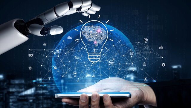 AI generating innovative ideas, linking data through neural networks, enhancing automation, powering SEO strategy, and enabling intelligent digital interaction. Marrow - Powered by Adobe