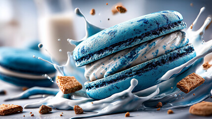 Macaroons flying in the air with blueberries, cookie crumbs, cream, dynamic vertical image.