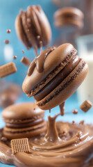 Macaroons flying in the air with chocolate, cookie crumbs, chocolate pieces, cream, dynamic vertical image.