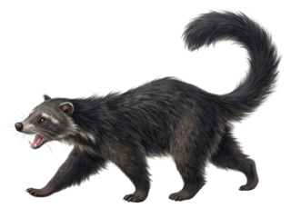 Angry wild Asian palm civet walking with black fur. threatening mammal shows its sharp teeth with snarl on transparent background