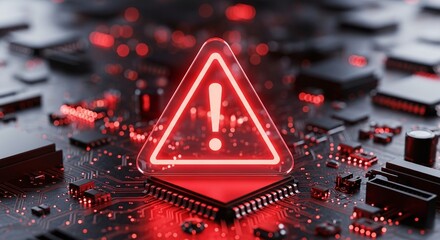 A glowing red warning sign on a computer chip, symbolizing cybersecurity threats, data breaches, and the importance of digital security measures in modern technology